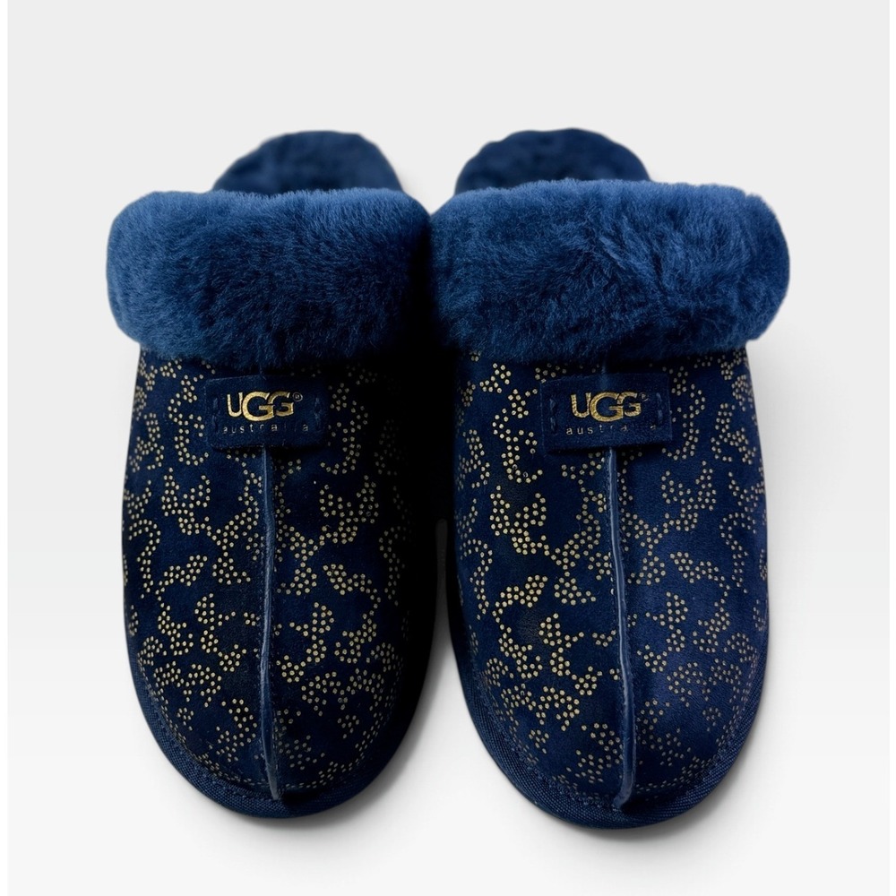 UGG Scuffette II Metallic Conifer Slippers Womens 11 Navy Blue Gold New